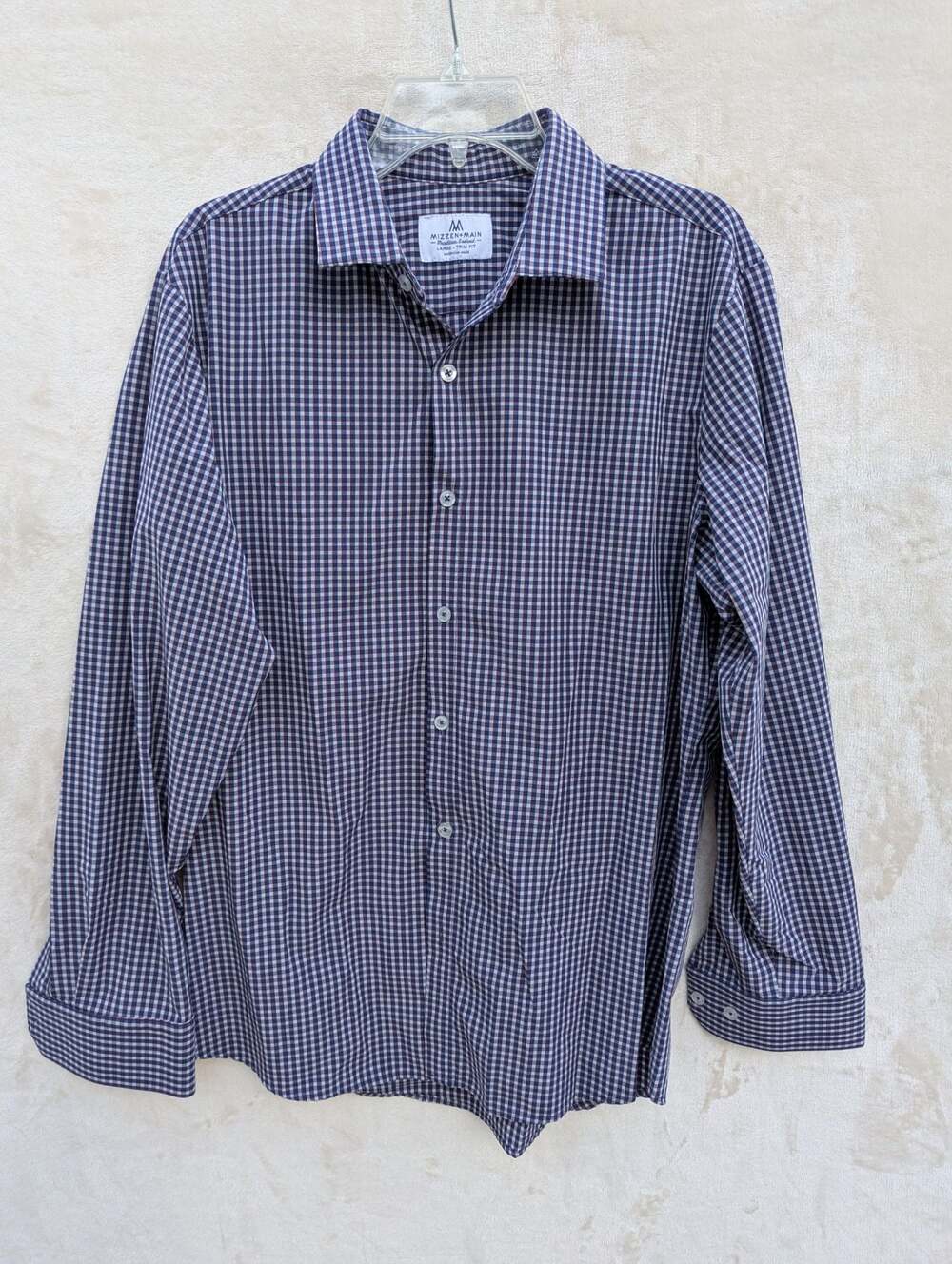 Mizzen + Main Performance Dress Shirt Large Trim Fit Blue Red Gingham Check